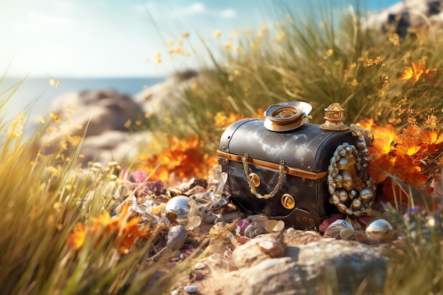 A bag with pearls sits on a beach