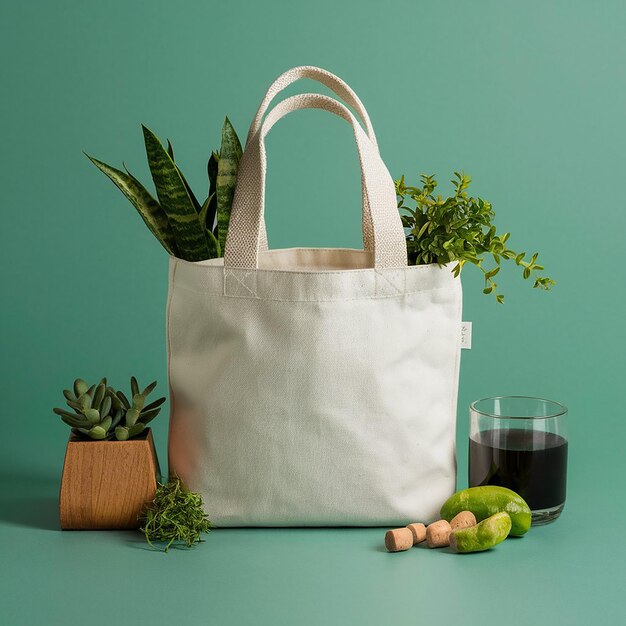 a bag with a plant in it next to a glass of juice