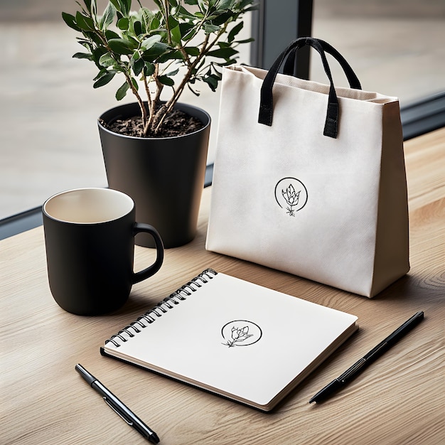 Photo a bag with a plant in it sits next to a cup of coffee