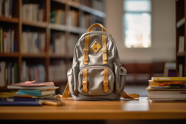 Bag with school supplies on a wooden table near a shelf with books AI