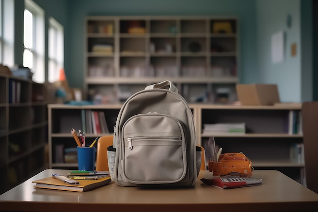 Bag with school supplies on a wooden table near a shelf with books AI