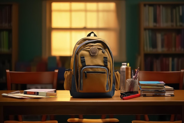 Bag with school supplies on a wooden table near a shelf with books