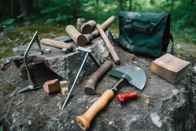 A bag with tools on it sits on a rock in the woods.