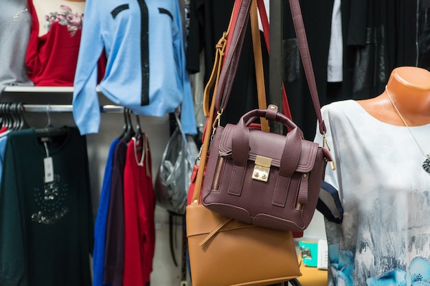 Bag in the women's clothing store. Close-up