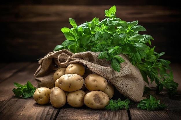 Bag of young potato on wooden table