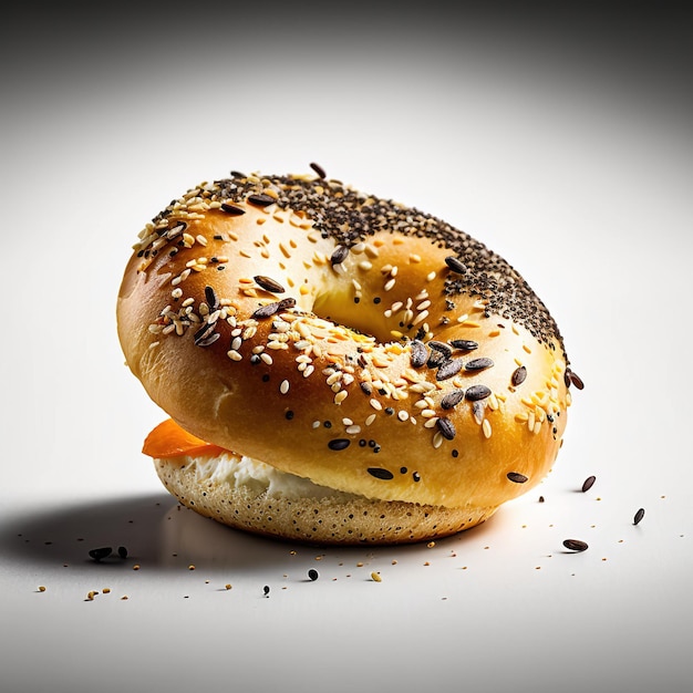 A bagel with black seeds and a black sesame seed on it.