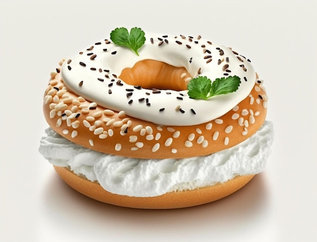 A bagel with cream cheese and a sprig of mint on it