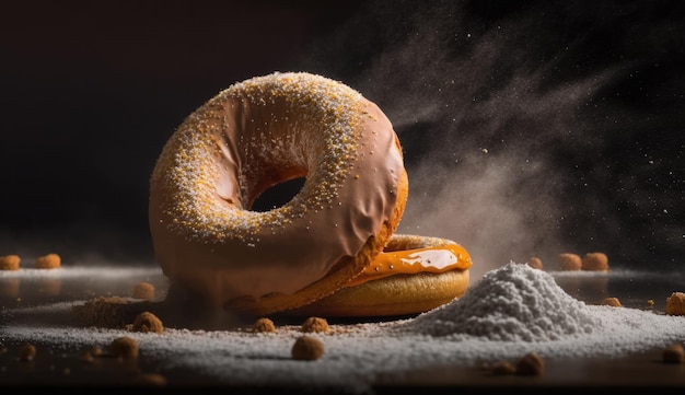 A bagel with powdered sugar on it