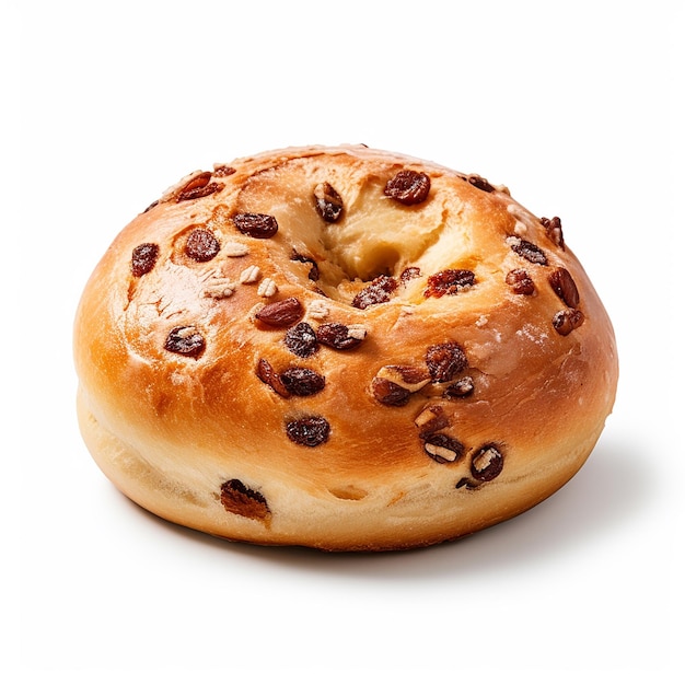 a bagel with raisins on it with a white background