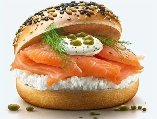 A bagel with salmon on it with cream cheese and dill.