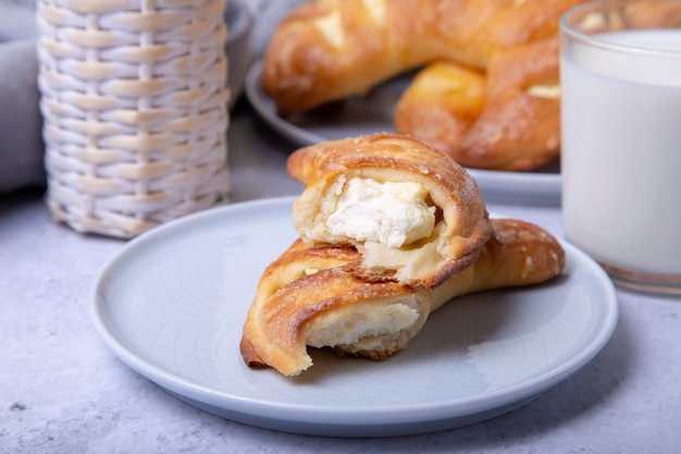 Bagels with cottage cheese. Homemade baking. Close-up.