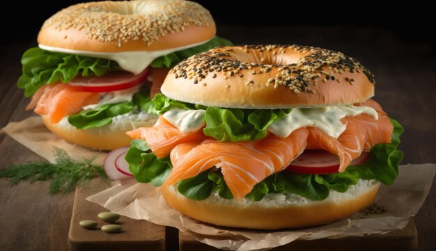 Bagels with Salmon Cream Cheese and Lettuce Generative AI