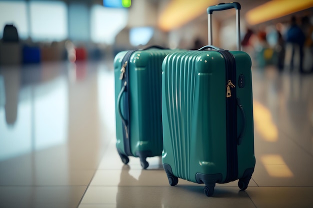 Baggage bags in blurred typical airport interior copy space with window sunlight background The concept of oil pipeline Neural network generated art