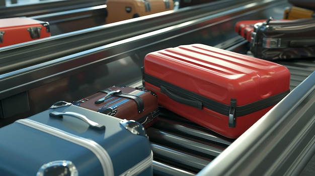 Baggage claim area at an airport terminal with various suitcases on the conveyor belt