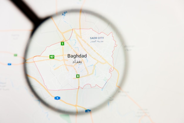 Baghdad, Iraq city visualization illustrative concept on display screen through magnifying glass