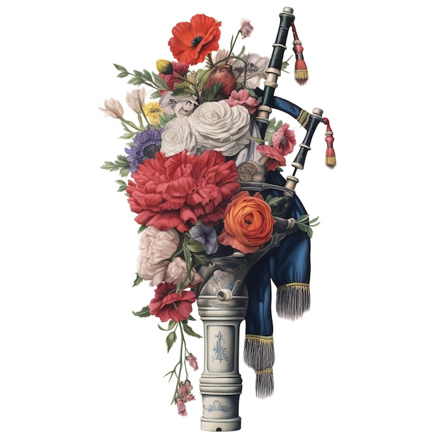 A bagpipe with flowers and a bag of flowers on it