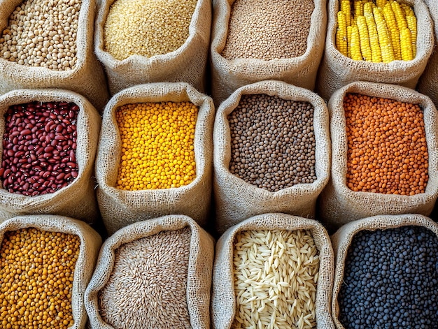 Photo bags of cereal corn and grains are displayed at a market