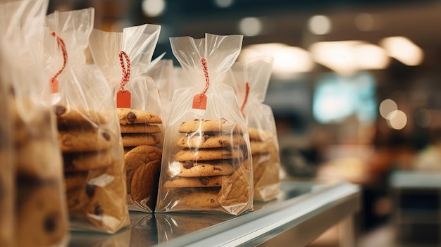 Bags of cookies in supermarket