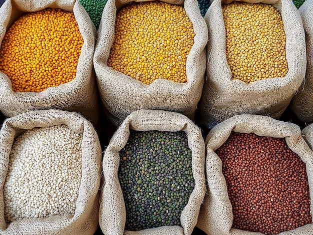 bags of corn corn and grains are displayed in a market