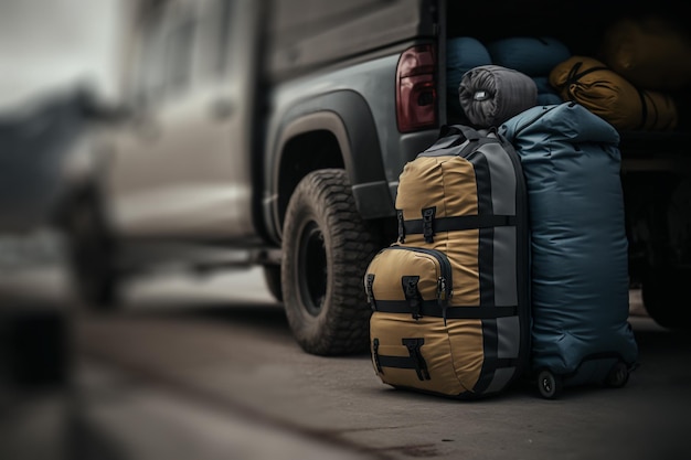 Bags near the car hitchhiking travel in car illustration Generative AI