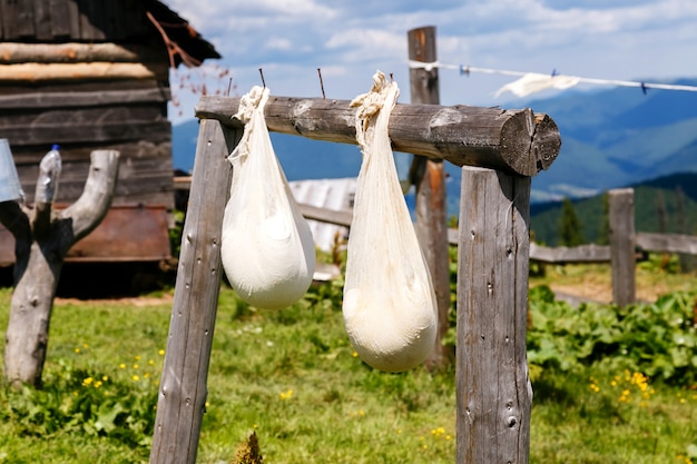 Bags of ripening cheese on a mountain farm