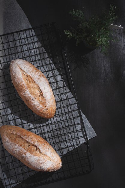 Baguette on blue wood table