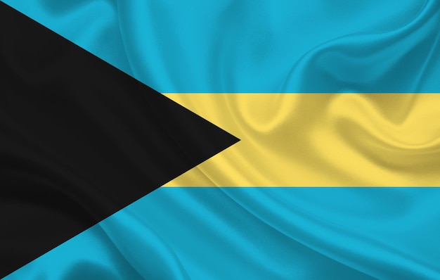 Bahamas country flag on wavy silk fabric background panorama - illustration