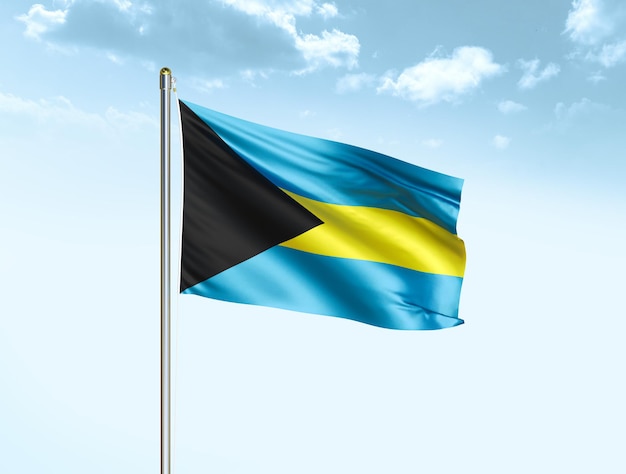 Bahamas national flag waving in blue sky with clouds Bahamas flag 3D illustration