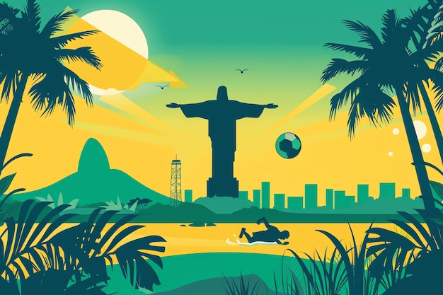 Bahia sunset scene and Christ the Redeemer statue and Brazilian soccer player silhouette for brazill