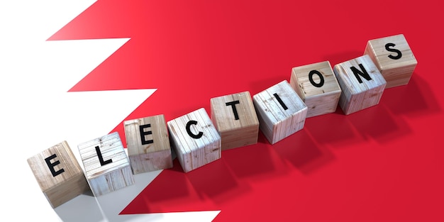 Bahrain elections concept wooden blocks and country flag 3D illustration