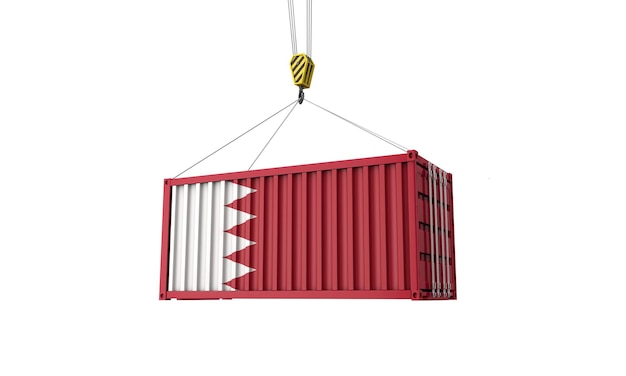 Bahrain flag cargo trade container hanging from a crane d render