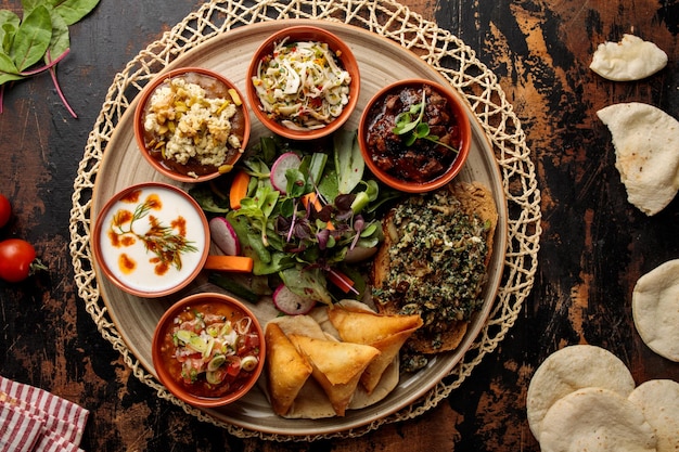 Bahrain iftar and breakfast platter with samosa raita salad bread fruit chaat served in dish isolated on table top view of arabic breakfast