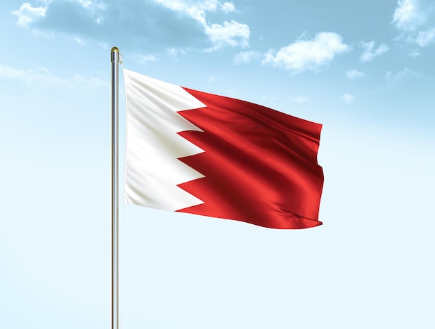 Bahrain national flag waving in blue sky with clouds Bahrain flag 3D illustration