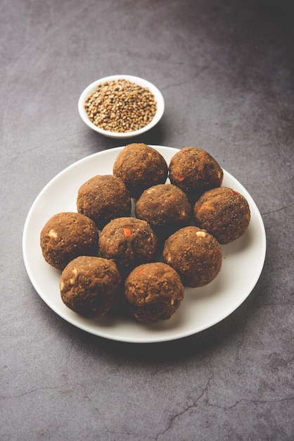 Bajra Atta Ladoo or kuler laddoo Millet Flour Laddu a popular winter sweet snack food from India