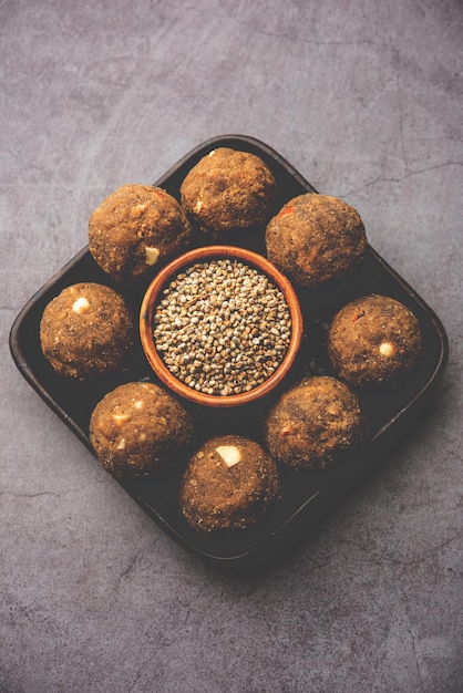 Bajra Atta Ladoo or kuler laddoo Millet Flour Laddu a popular winter sweet snack food from India