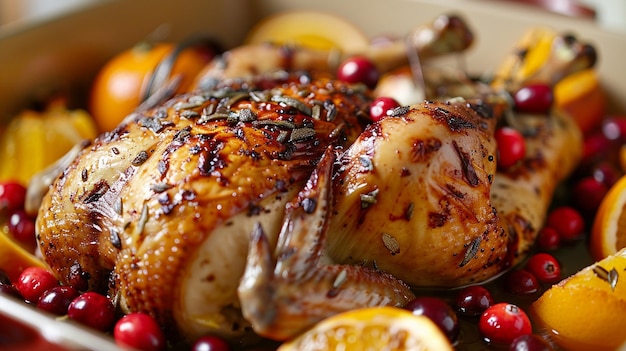 baked appetizing whole chicken with oranges and cranberries