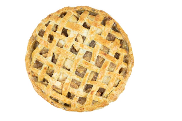 Baked apple pie with trellis decoration on a white background