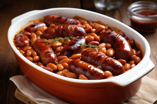 Baked beans with nachos and sausage