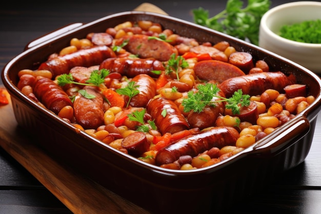 Baked beans with nachos and sausage