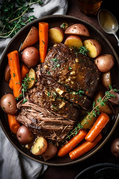 baked beef with potatoes in a pan a festive dish