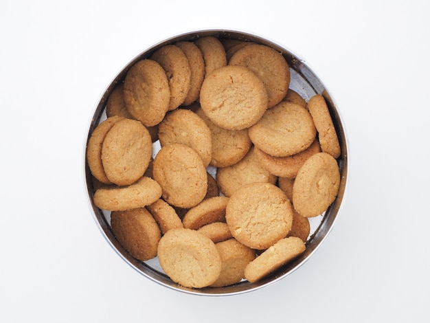 Baked biscuit in metal box.