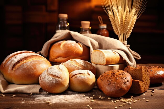 Baked bread selection on wooden table