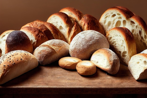 Baked bread on wooden table healthy homemade buns for breakfast