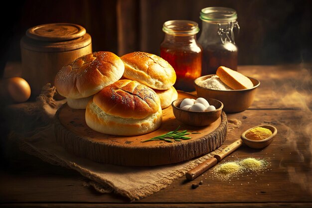 Baked bread on wooden table healthy homemade buns for breakfast