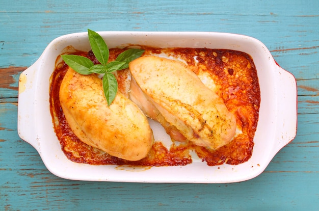 Baked breast of chicken in the white dish