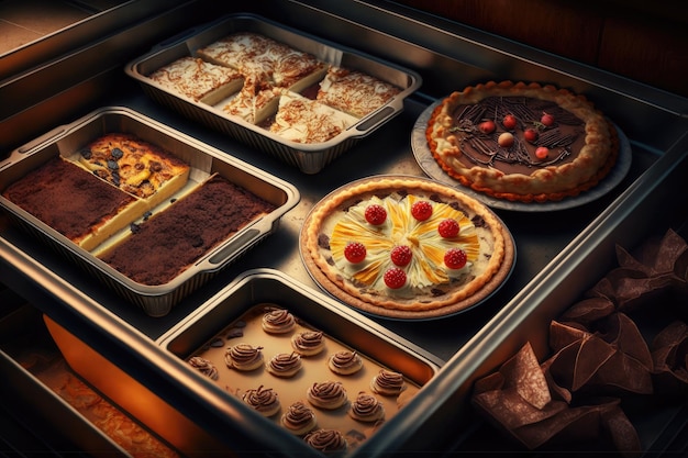 Baked cakes in section on baking tray in kitchen