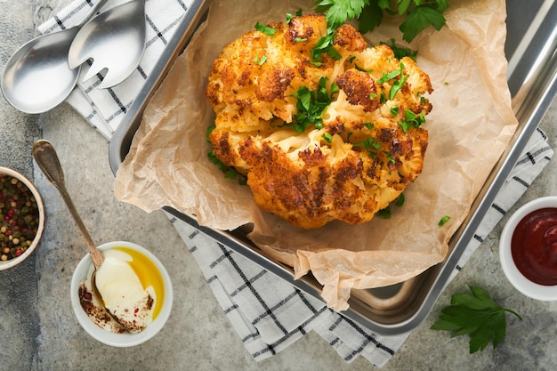 Baked cauliflower Oven or whole baked cauliflower spices and herbs server on wooden rustic board on old grey background table Delicious cauliflower Eyal Shani dish Perfect tasty snack