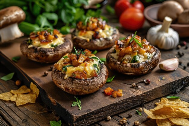 Photo baked champignons stuffed mushrooms caps with cheese garlic and herbs baked champignons