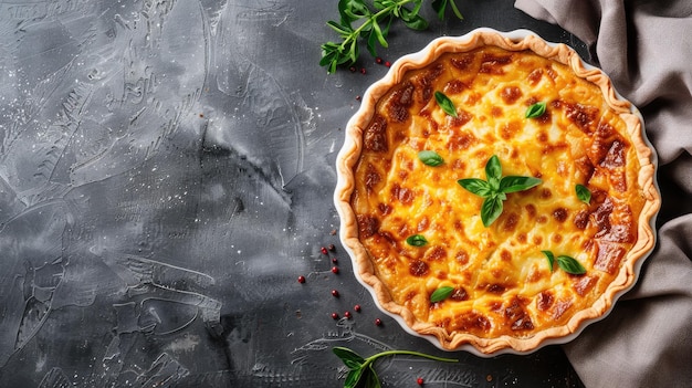 Baked cheese tart with basil on dark background