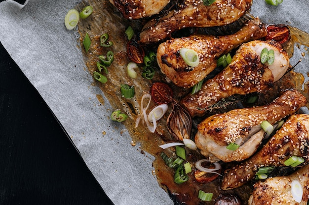 Baked chicken drumsticks with sesame honey and soy sauce onion and spices